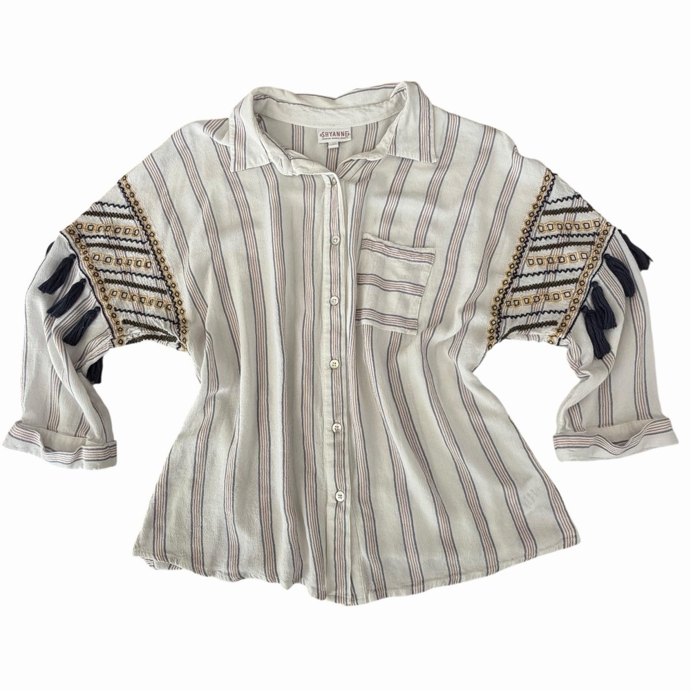 Shyanne Striped Button Up Blouse Large Tassels Embroidered Boho Western Riding